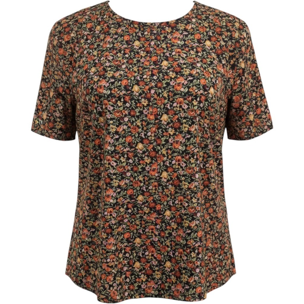 Emery Rose Womens Small Floral Short Sleeve Blouse Pom Pom Trim Keyhole Back